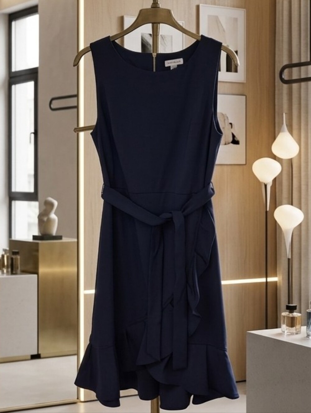 Calvin Klein Black Sleeveless Ruffle-Hem Dress with Waist Tie Gold Zipper Sz 14 - Picture 3 of 11